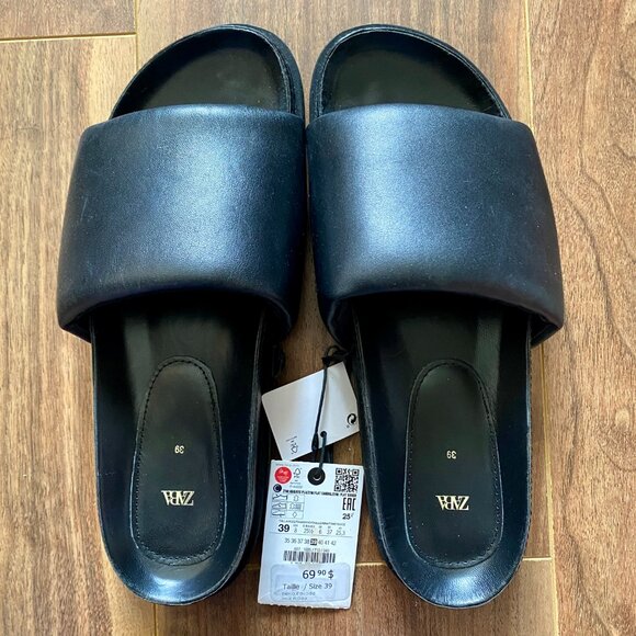 Zara Genuine Black Leather Padded Flat Sandals - Picture 2 of 5
